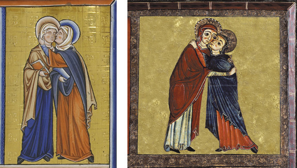 A l'esquerra, detall de la Visitació, Saltiri d’Ingeborg de Dinamarca, reina de França, principis del segle XIII. Chantilly, Musée Condé, Ms 9, f.15r. A la dreta, simulació del fons daurat de l’escena de la Visitació del Frontal d’altar de Lluçà, entre 1210 i 1220. MEV 4